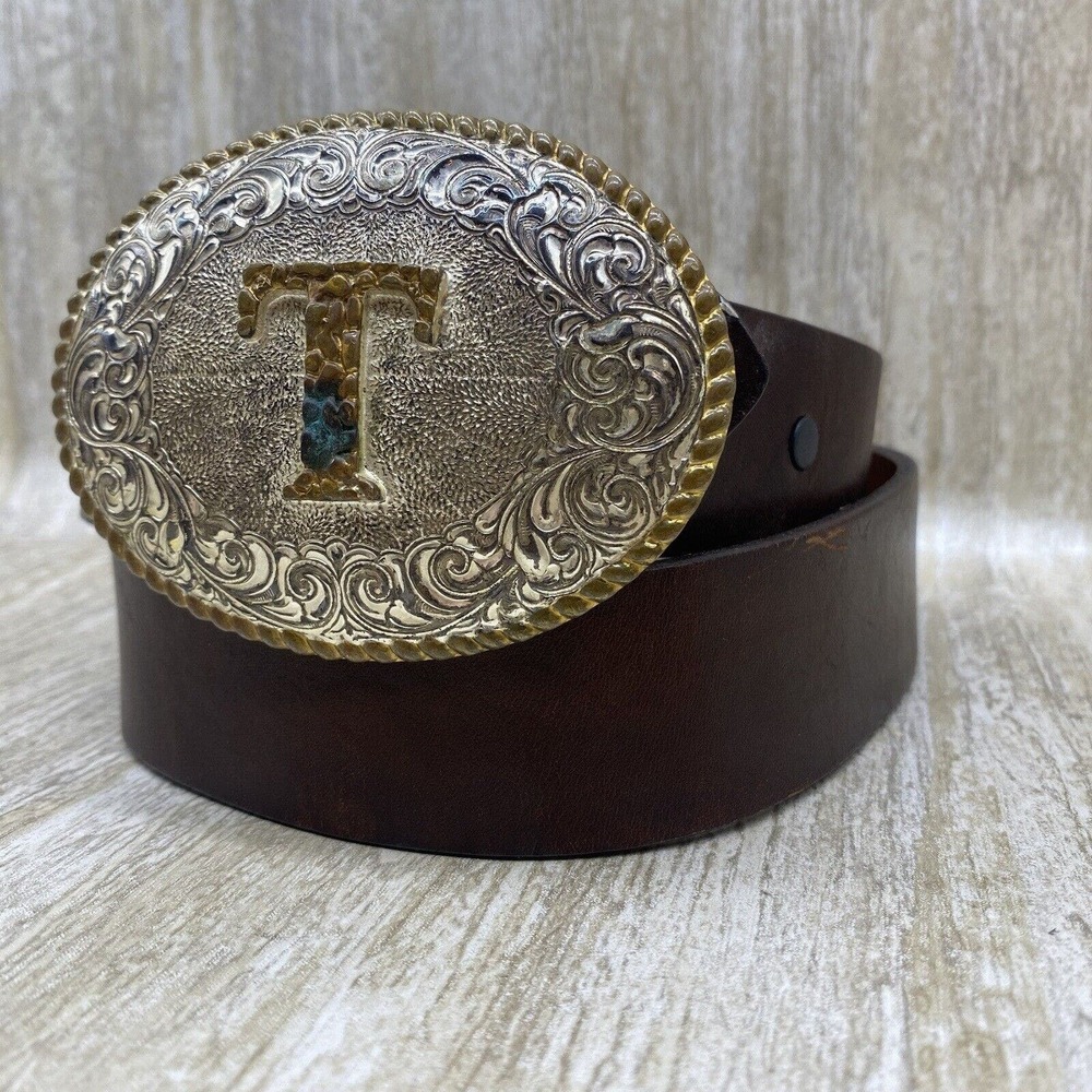 Justin‎ SZ 32 Black Leather Belt with Crumrine TEXAS Buckle Gold Silver Two Tone